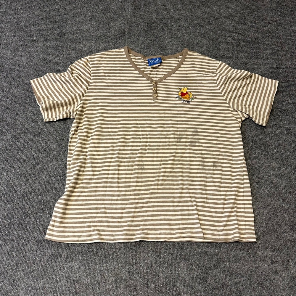 Pooh Henley Shirt Womens Size XL Brown Striped Short Sleeve Made in USA Stained